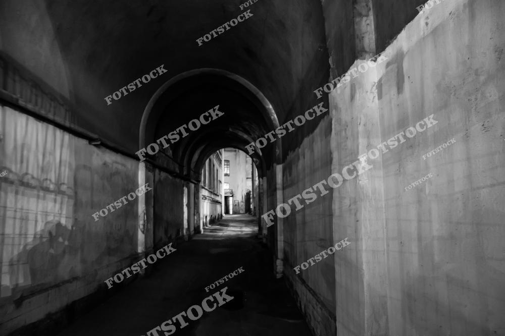 Фотография демонстрирует старинный арочный проход одного из петербургских дворов. Черно-белая гамма подчеркивает атмосферу мистичности и загадочности, присущую старым улочкам и переулкам города. Тени на стенах создают особое настроение, отражая культуру и дух Петербурга. Такие проходы часто ассоциируются с историей и тайнами, скрытыми во дворах и подворотнях этого города.